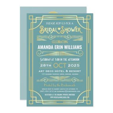 Art Deco Bridal Shower Elegant Gold Turquoise Invitations