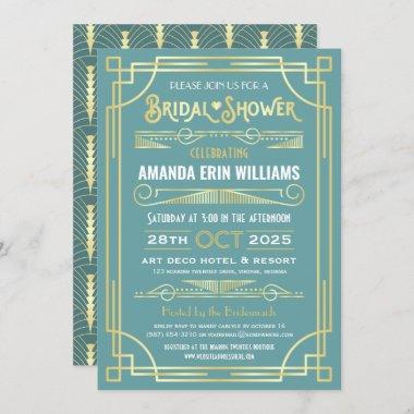 Art Deco Bridal Shower Elegant Gold Turquoise Invitations