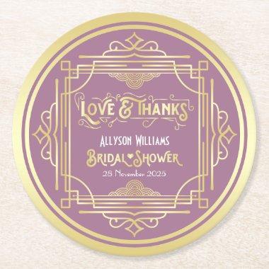 Art Deco Bridal Shower Gold Lilac Love & Thanks Round Paper Coaster