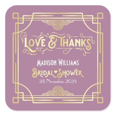 Art Deco Bridal Shower Gold Lilac Love & Thanks Square Sticker