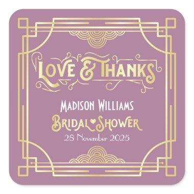 Art Deco Bridal Shower Gold Lilac Love & Thanks Square Sticker