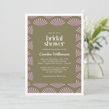 Art Deco Fans in Olive and Lilac Bridal Shower Invitations