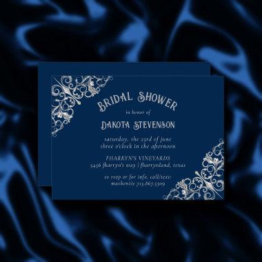 Art Deco Filigree | Silver Navy Blue Bridal Shower Invitations