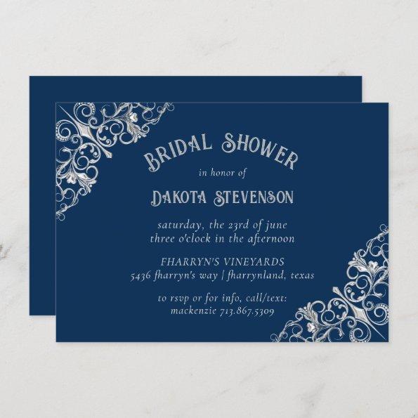 Art Deco Filigree | Silver Navy Blue Bridal Shower Invitations