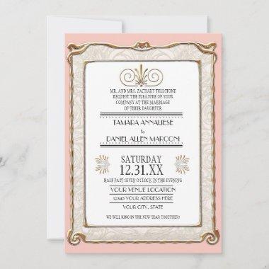 Art Deco Nouveau Gatsby Style Gold n Lace Look Invitations