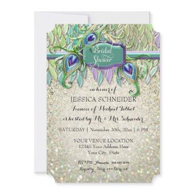 Art Deco Peacock Feather Glitter Bridal Shower Invitations