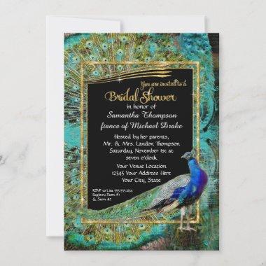 Art Deco Peacock Glam Old Hollywood Bridal Shower Invitations
