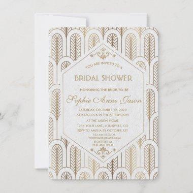Art Deco White Gold Bridal Shower Invitations