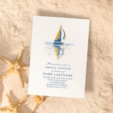 Art Navy Blue Yellow Sailing Boat Bridal Shower Invitations
