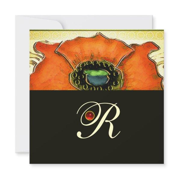 ART NOUVEAU STYLIZED GREEN RED POPPY GEM MONOGRAM Invitations