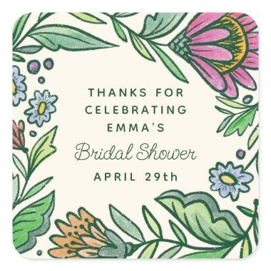 Artistic Scandinavian Folk Floral Bridal Shower Square Sticker