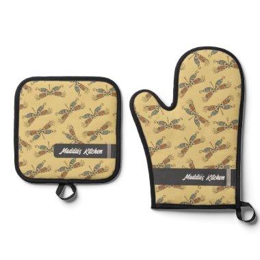 Artsy Dragonfly Earth Tones Cute Oven Mitt & Pot Holder Set