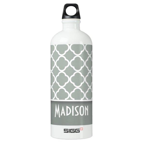 Ash Gray; Grey Quatrefoil; Personalized Water Bottle