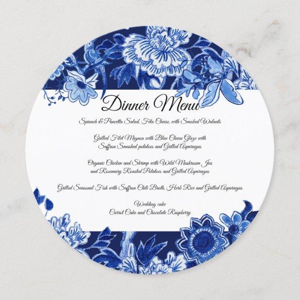 Asian Chinoiserie Navy Blue Floral Dinner Menu Invitations