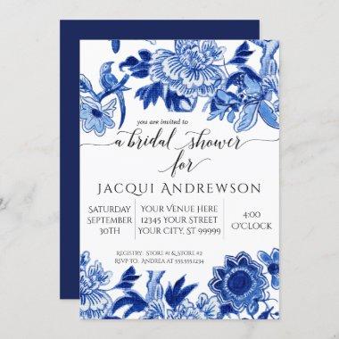 Asian Influence Blue White Floral 2 Bridal Shower Invitations
