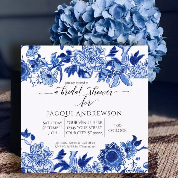 Asian Influence Blue White Floral Bridal Shower Invitations