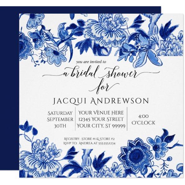 Asian Influence Blue White Floral |Bridal Shower Invitations