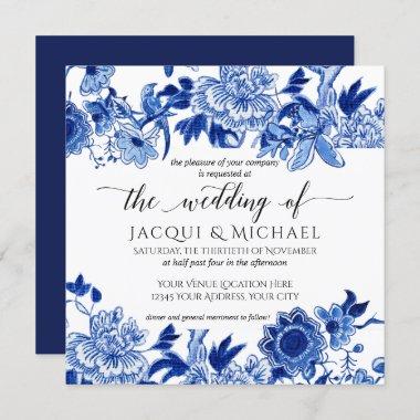 Asian Influence Blue White Floral Wedding Artwork Invitations