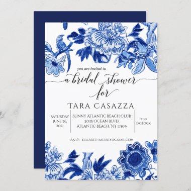 Asian Influence Floral Blue White Bridal Shower In Invitations