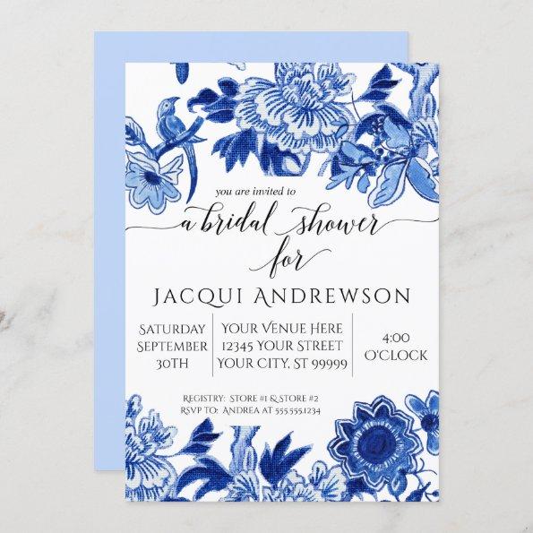 Asian Influence Light Blue Floral 3 Bridal Shower Invitations