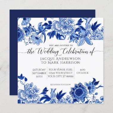 Asian Influence Navy Blue and White Floral Wedding Invitations