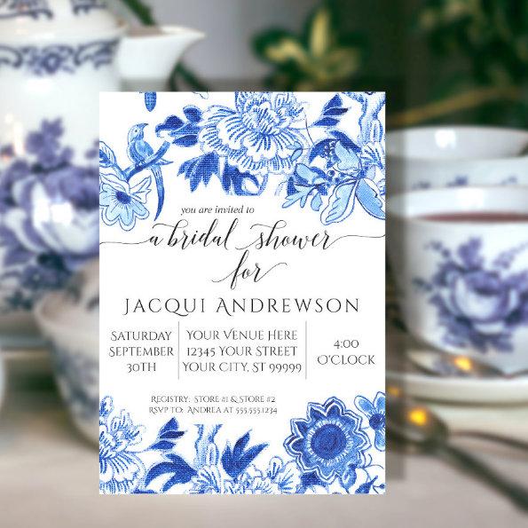 Asian Influence White Blue Floral Bridal Shower Invitations