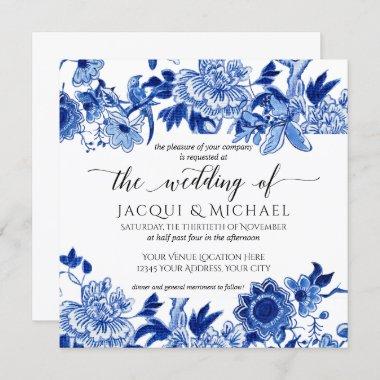Asian Influence White Blue Floral Wedding Artwork Invitations