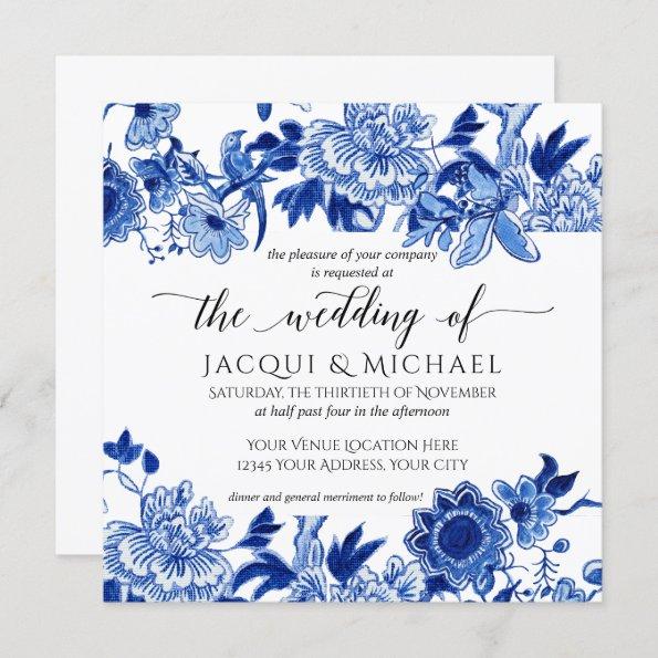 Asian Influence White Blue Floral Wedding Artwork Invitations