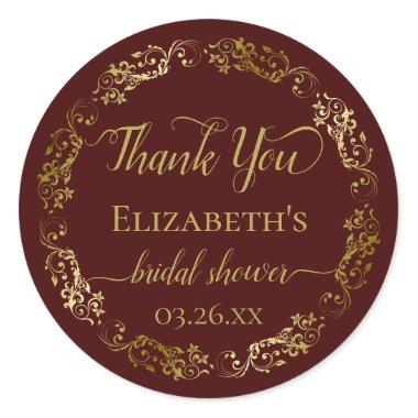 Auburn Brown & Gold Lace Bridal Shower Thank You Classic Round Sticker