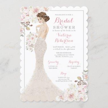 Auburn Glam Bride in Gown Bridal Shower Invitations