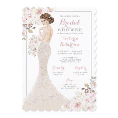 Auburn Glam Bride in Gown Bridal Shower Invitations