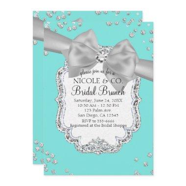 Audrey Blue Big White Bow Diamonds Bridal Shower Invitations