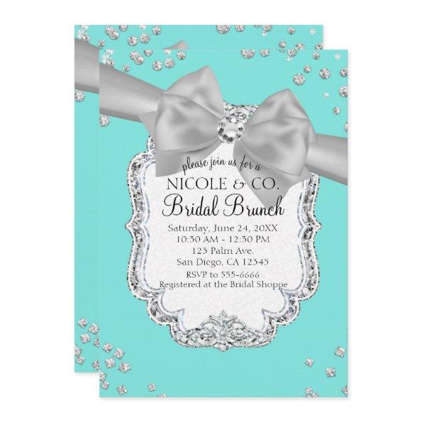 Audrey Blue Big White Bow Diamonds Bridal Shower Invitations