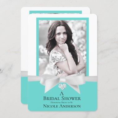 Audrey Teal White Bow Modern Bridal Shower Photo Invitations