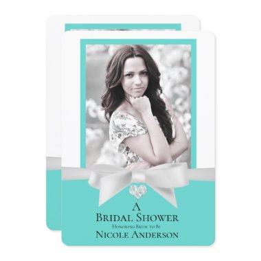 Audrey Teal White Bow Modern Bridal Shower Photo Invitations