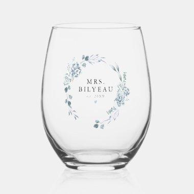AUSHA Elegant Dusty Blue Floral Mrs. Wedding Stemless Wine Glass