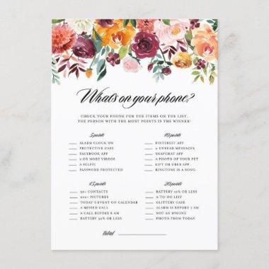 Autumn Blooms What's On Your Phone Shower Game Enclosure Invitations
