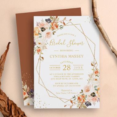 Autumn Boho Floral Gold Geometric Bridal Shower Invitations