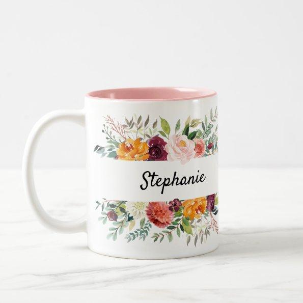 Autumn Burgundy Blush Floral Blossom Bridal Shower Two-Tone Coffee Mug