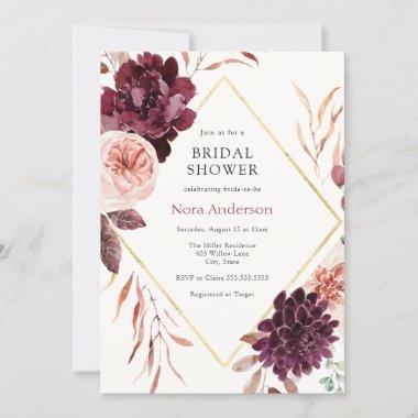 Autumn Burgundy Floral Gold Frame Bridal Shower Invitations