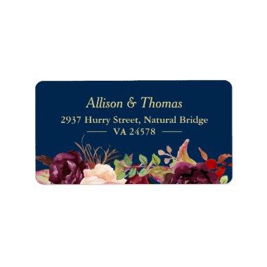 Autumn Burgundy Marsala Floral Navy Blue Wedding Label