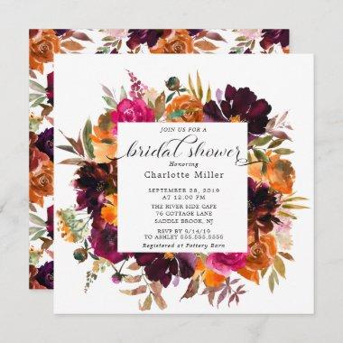 Autumn Burgundy & Orange Floral Bridal Shower Invitations