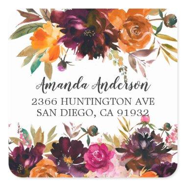 Autumn Burgundy & Orange Floral Return Address Square Sticker