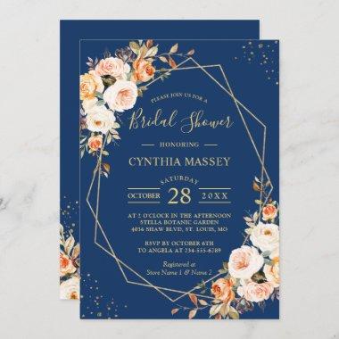 Autumn Floral Gold Frame Navy Blue Bridal Shower Invitations