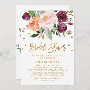 Autumn Floral Gold Light Wreath Back Bridal Shower Invitations