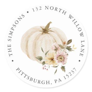 Autumn Floral Pumpkin Return Address Classic Round Sticker