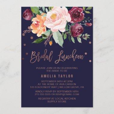 Autumn Floral Rose Gold Bridal Luncheon Invitations