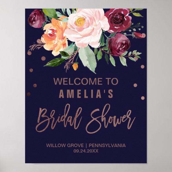 Autumn Floral Rose Gold Bridal Shower Welcome Poster
