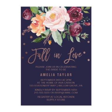 Autumn Floral Rose Gold Fall in Love Bridal Shower Invitations