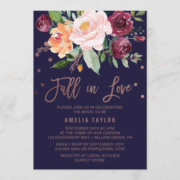 Autumn Floral Rose Gold Fall in Love Bridal Shower Invitations